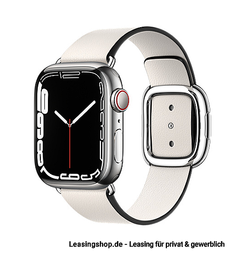 Apple Watch Series 7 GPS + Cellular leasen, 41 mm oder 45 mm Edelstahlgehäuse Silber, Lederarmband Kreide